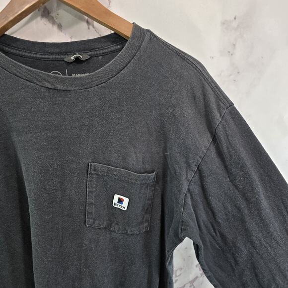 Brixton T Shirt Mens Medium Black Crew Neck Long Sleeve Logo Spellout Tee - Picture 11 of 12